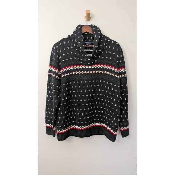 Chaps Ralph Lauren Womens Fair Isle Sweater 1X Shawl Collar Ski Cabincore Cotton - Picture 1 of 10